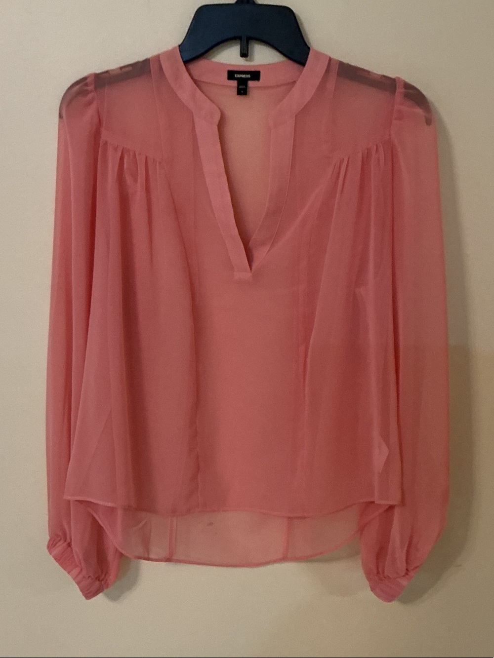 Express Sheer Coral-Pink V-Neck Long Sleeve Blouse